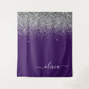 Purple Silver Glitter Girly Glam Monogram  Tapestry