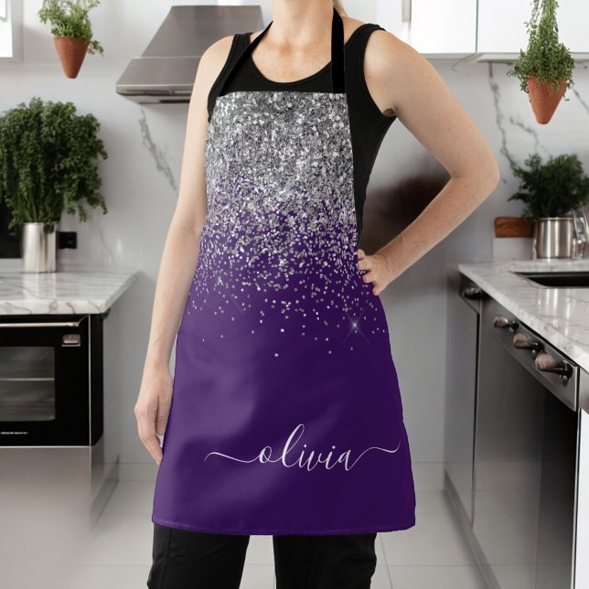 Purple Silver Glitter Girly Monogram Name Apron (Creator Uploaded)