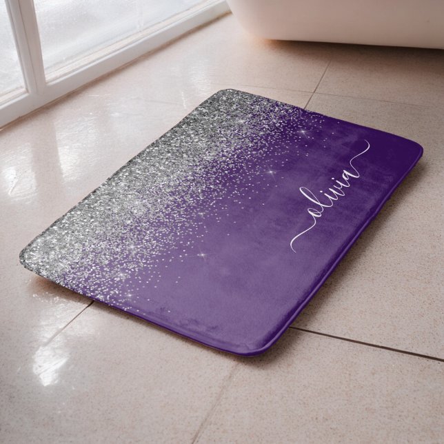 Purple Silver Glitter Girly Monogram Name Bath Mat (Creator Uploaded)