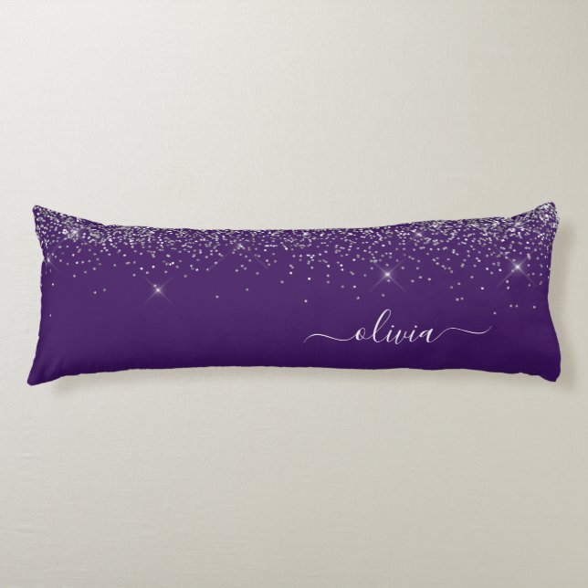 Purple Silver Glitter Girly Monogram Name Body Pillow (Front)