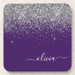 Purple Silver Glitter Girly Monogram Name Coaster<br><div class="desc">Purple and Silver Glitter Script Monogram Name Paper Coasters. This makes the perfect graduation,  birthday,  wedding,  bridal shower,  anniversary,  baby shower or bachelorette party gift for someone that loves glam luxury and chic styles.</div>