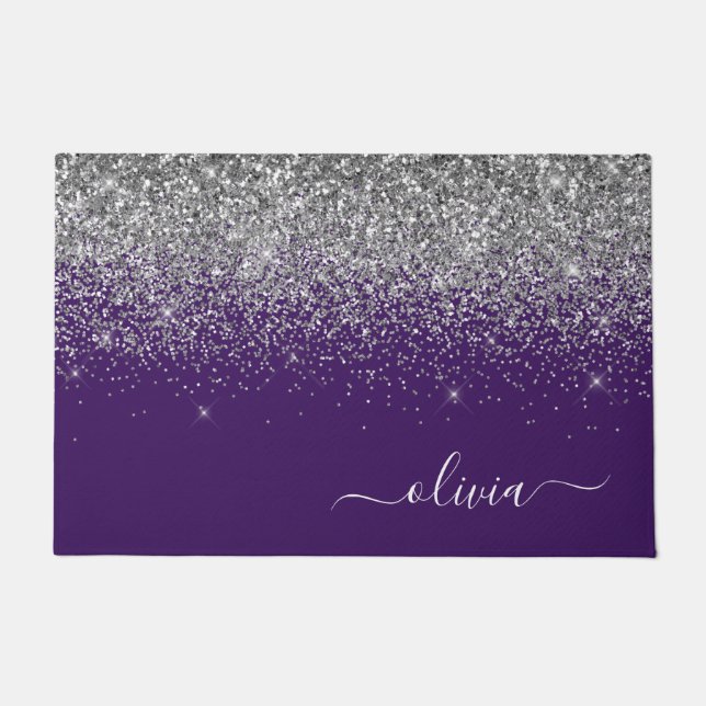 Purple Silver Glitter Girly Monogram Name Doormat (Front)