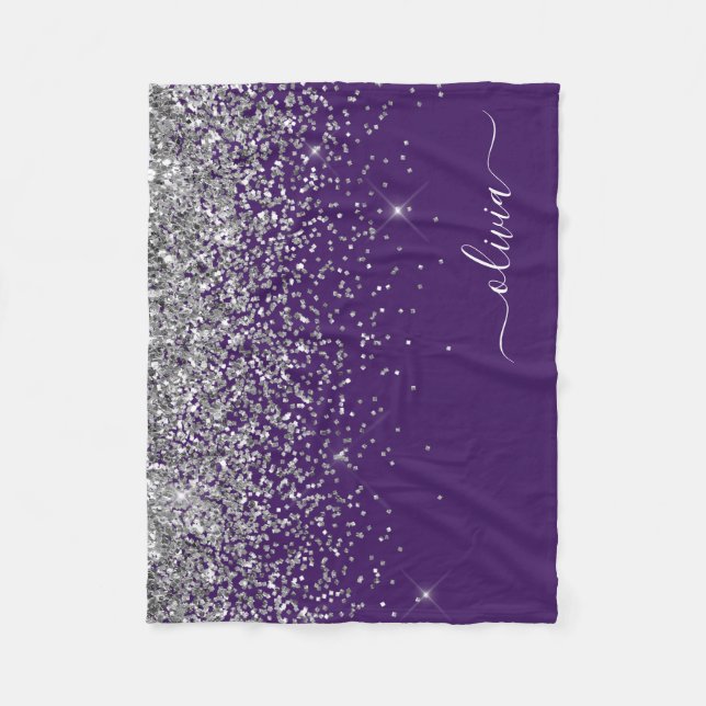Purple Silver Glitter Girly Monogram Name Fleece Blanket (Front)