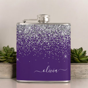 Purple Silver Glitter Girly Monogram Name Hip Flask