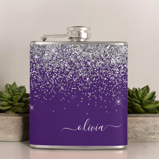 Purple Silver Glitter Girly Monogram Name Hip Flask (Creator Uploaded)