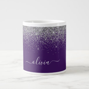 Purple Silver Glitter Girly Monogram Name Large Coffee Mug