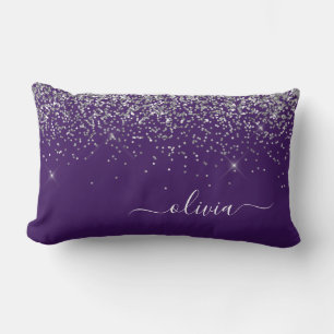 Purple Silver Glitter Girly Monogram Name Lumbar Pillow