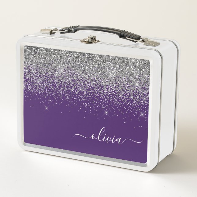 Purple Silver Glitter Girly Monogram Name Metal Lunch Box (Front)