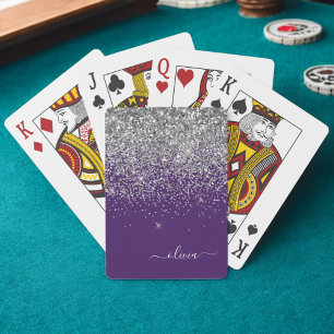 Purple Silver Glitter Girly Monogram Name Playing Cards