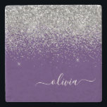 Purple Silver Glitter Girly Monogram Name Stone Coaster<br><div class="desc">Purple and Silver Sparkle Glitter Script Monogram Name Stone Tile. This makes the perfect graduation,  sweet 16 birthday,  wedding,  bridal shower,  anniversary,  baby shower or bachelorette party gift for someone that loves glam luxury and chic styles.</div>
