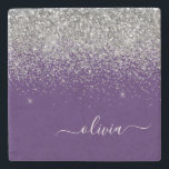 Purple Silver Glitter Girly Monogram Name Stone Coaster<br><div class="desc">Purple and Silver Sparkle Glitter Script Monogram Name Stone Tile. This makes the perfect graduation,  sweet 16 birthday,  wedding,  bridal shower,  anniversary,  baby shower or bachelorette party gift for someone that loves glam luxury and chic styles.</div>