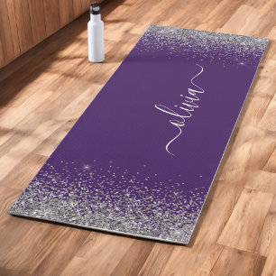 Purple Silver Glitter Girly Monogram Name Yoga Mat