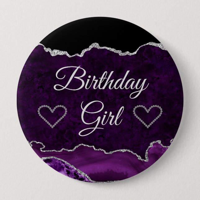 Purple & Silver Glitter Marble Agate Birthday Girl 4 Inch Round Button (Front)