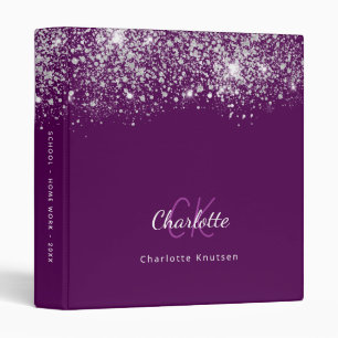 Purple silver glitter monogram school office binder