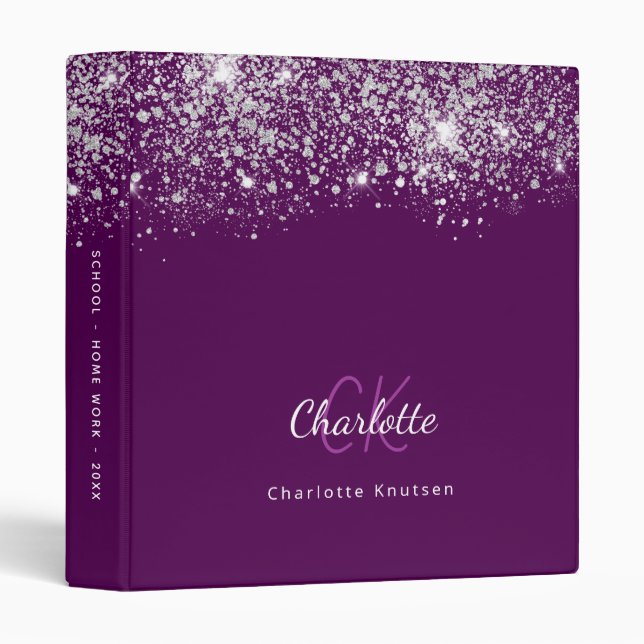 Purple silver glitter monogram school office  binder (Front/Spine)