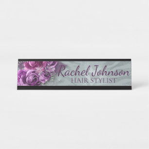 Purple Silver Glitter Roses Floral Feminine Desk Name Plate