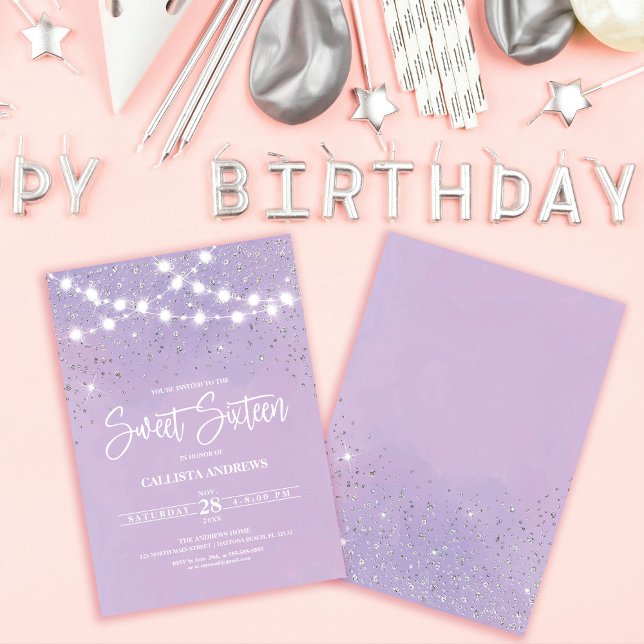 Purple Silver Glitter Sparkles Lights Sweet 16 Invitation (Creator Uploaded)