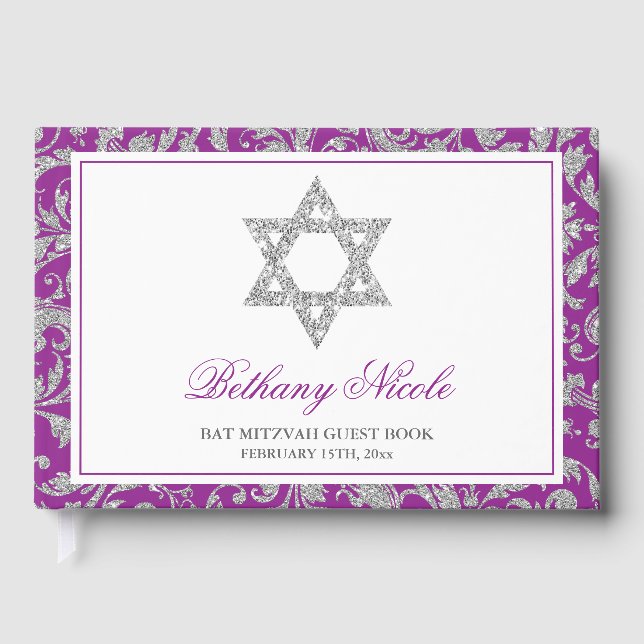 Purple Silver Glitter Swirl Damask Bat Mitzvah Guest Book (Front)
