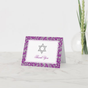 Purple Silver Glitter Swirl Damask Thank You Card