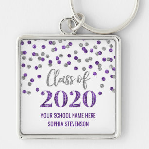 Purple Silver Graduation Class of 2020 Confetti Keychain