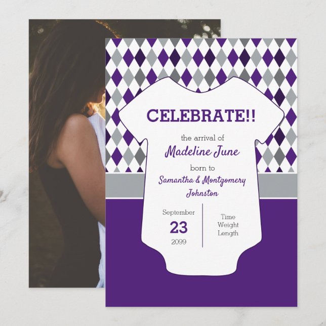 Purple & Silver Grey Argyle Pattern Baby Photo Announcement (Front/Back)