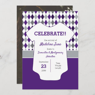 Purple & Silver Grey Argyle Pattern Baby Photo Announcement