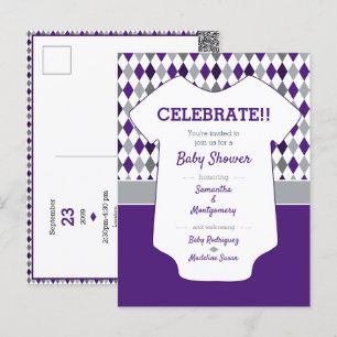 Purple & Silver Grey Argyle Pattern Baby Shower Postcard