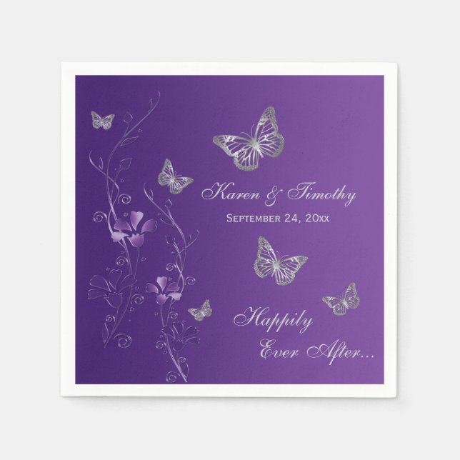 Purple Silver Grey Butterfly Floral Paper Napkins (Front)