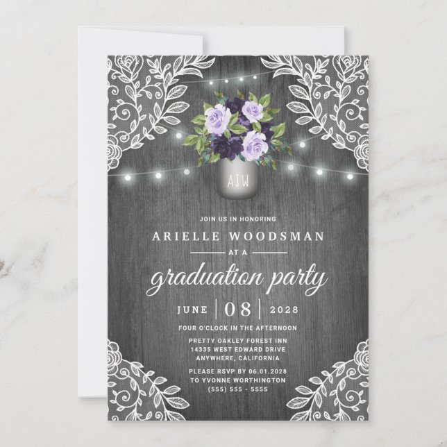 Purple Silver Grey Floral Rustic Graduation Party Invitation (Front)