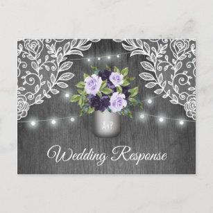 Purple Silver Grey Floral Rustic Jar Wedding RSVP Invitation Postcard