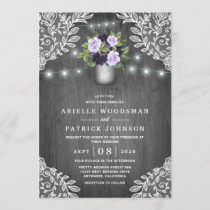 Purple Silver Grey Floral Rustic Mason Jar Wedding Invitation