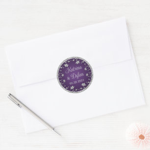 Purple, Silver Grey Floral Wedding Classic Round Sticker