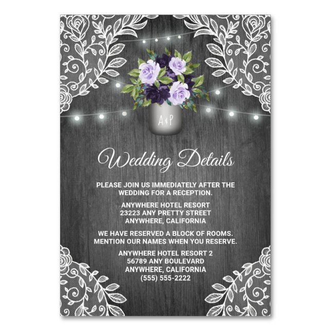 Purple Silver Grey Floral Wedding Insert Cards (Front)