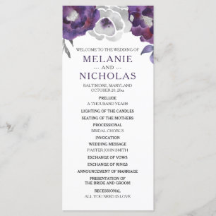 Purple Silver Grey Floral Wedding Program,  3953 Program