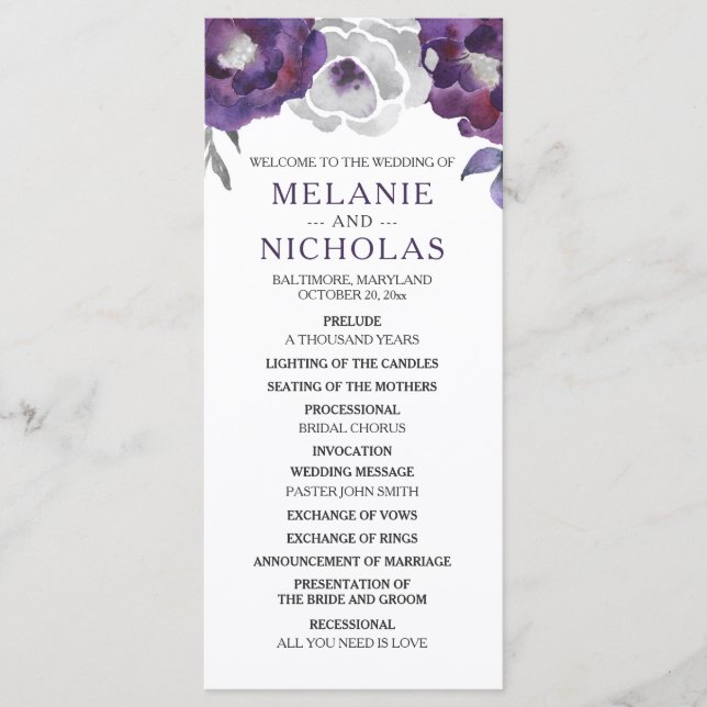 Purple Silver Grey Floral Wedding Program,  3953 Program (Front)