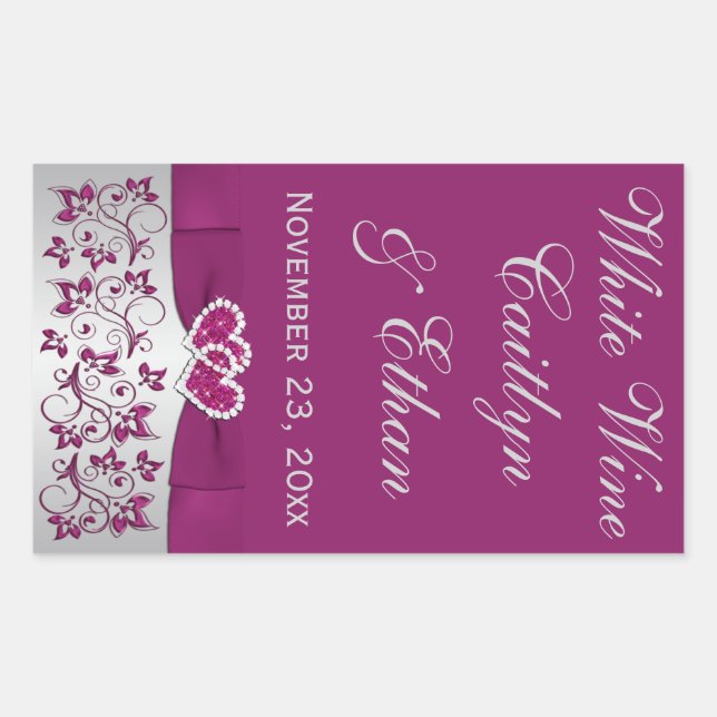 Purple, Silver Grey Floral Wedding Wine Bottle Sticker (Front)