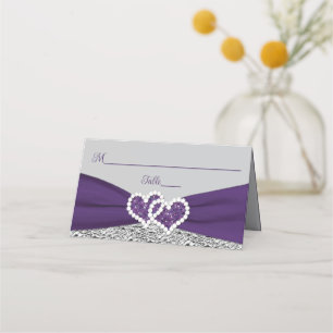 Purple, Silver, Grey Love Hearts Wedding Place Card