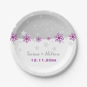 Purple, silver grey snowflake modern wedding paper plate