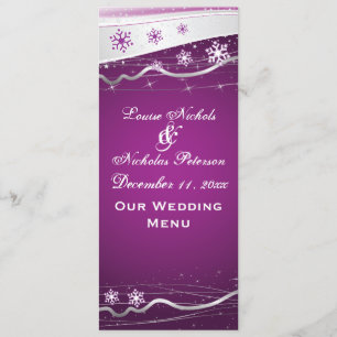 Purple silver grey snowflake wedding menu card