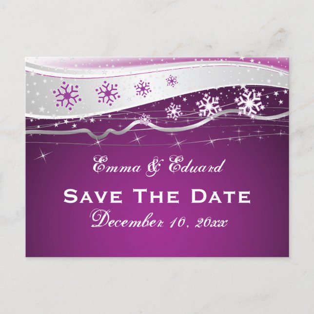 Purple silver grey snowflake wedding Save the Date Announcement Postcard (Front)