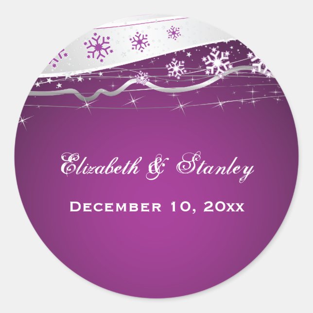 Purple silver grey snowflake wedding Save the Date Classic Round Sticker (Front)
