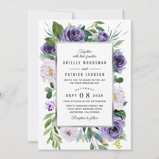 Purple Silver Grey Watercolor Floral Wedding Invitation (Front)