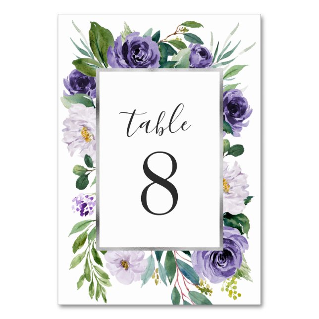 Purple Silver Grey Watercolor Floral Wedding Table Number (Front)