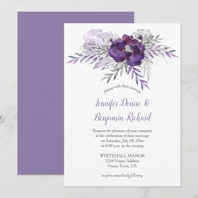 Purple Silver Grey Watercolor Flowers Wedding | Invitation (Front/Back)