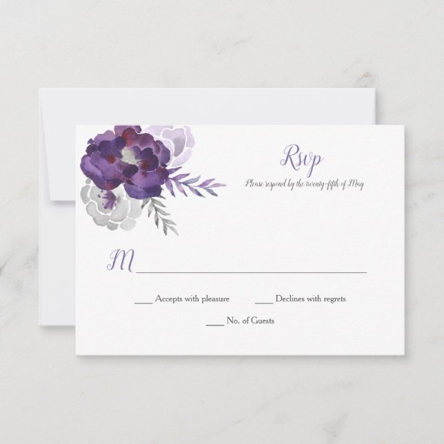Purple Silver Grey Watercolor Roses RSVP Card (Front)