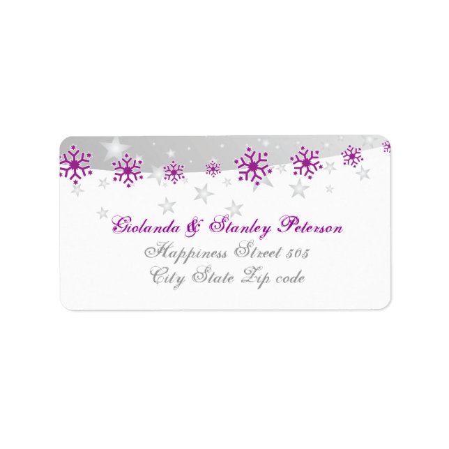 Purple silver grey white snowflake wedding label (Front)