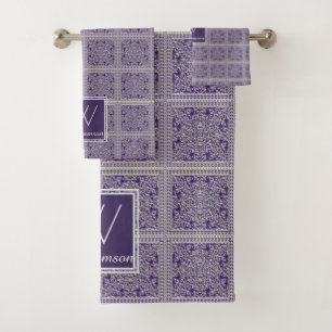 Purple Silver Grey With Monogrammed Surname Bath Towel Set