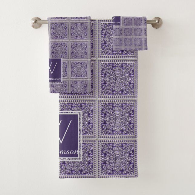 Purple Silver Grey With Monogrammed Surname Bath Towel Set (Insitu)