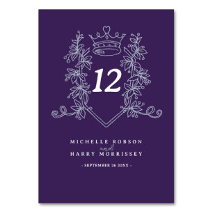 Purple Silver heart crown wedding Table Number