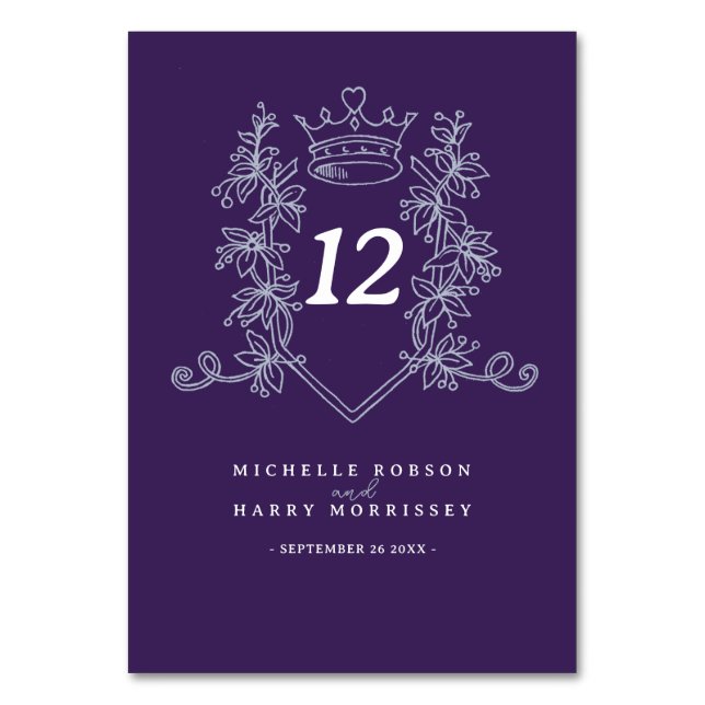 Purple Silver heart crown wedding  Table Number (Front)